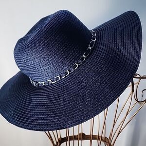 Navy Sun Hat With Silver Tone Chain Detail